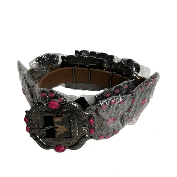 Lucky & Blessed Leopard Pink Turquoise Ribbon TooledSquare Belt